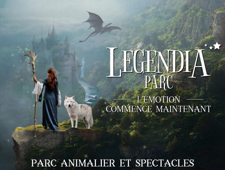 Image avec le logo et les animaux de Légendia Parc, Parc Animalier et Spectacles situé à Frossay en Loire Atlantique