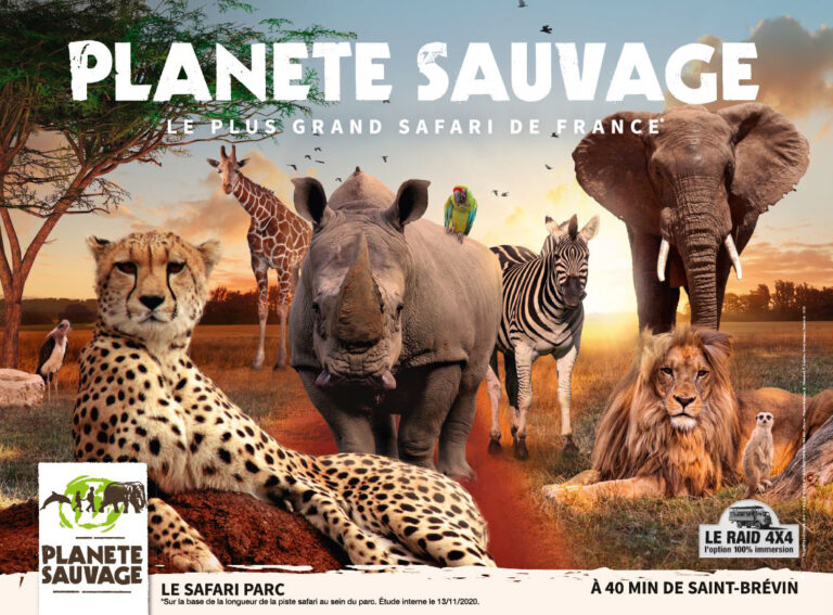 Affiche avec les animaux et le logo de Planète sauvage, Parc safari situé à Port-Saint-Père en Loire Atlantique.